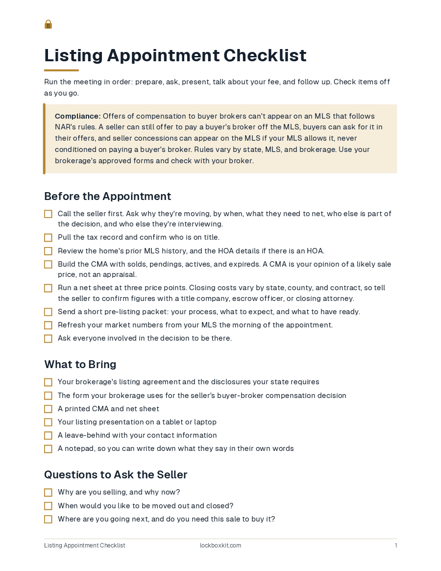 Listing Appointment Checklist, page 1
