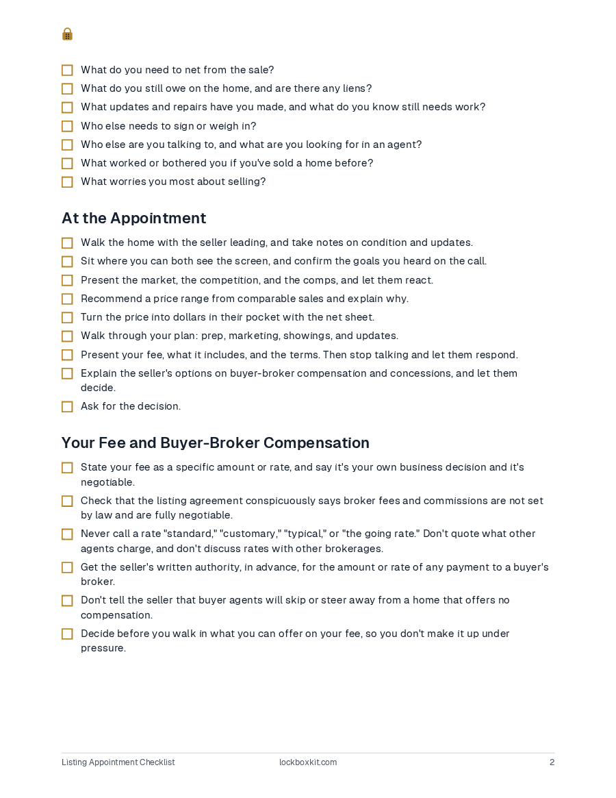 Listing Appointment Checklist, page 2