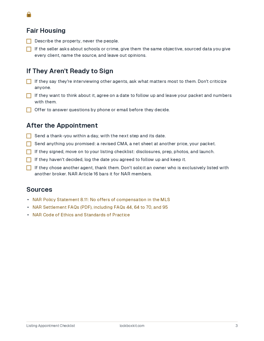 Listing Appointment Checklist, page 3