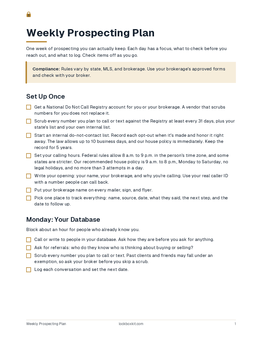 Weekly Prospecting Plan, page 1