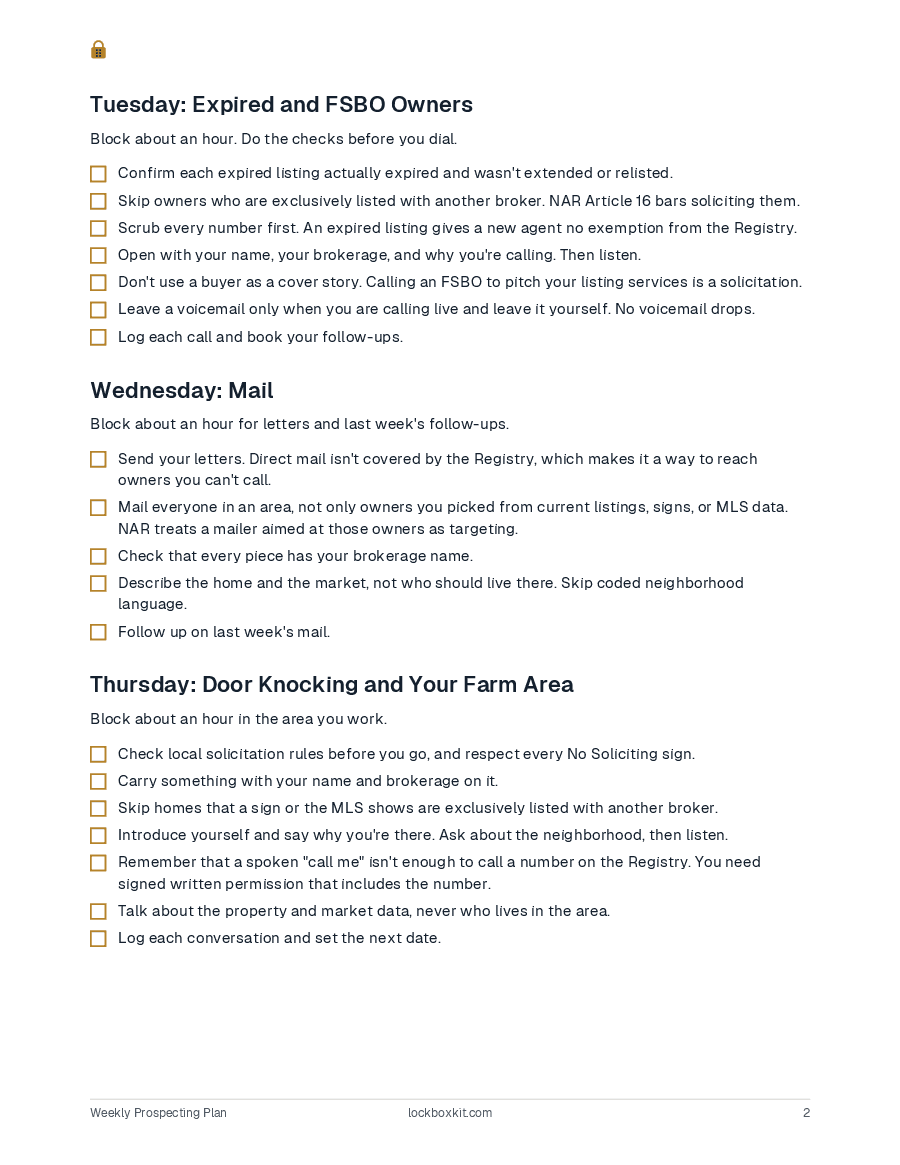 Weekly Prospecting Plan, page 2